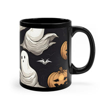 DistinctInk Black Coffee Mug - Skeletal Ghostly Pumpkin Patch for Halloween