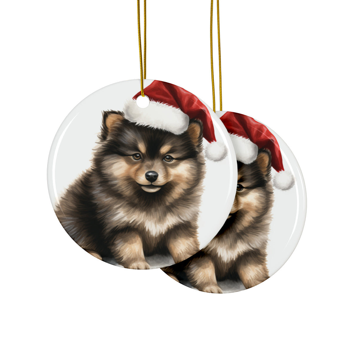 Hanging Ceramic Christmas Tree Ornament with Gold String - Finnish Lapphund Puppy Drawing Design, view 2