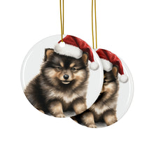 DistinctInk Hanging Ceramic Christmas Tree Ornament with Gold String - Great Gift/Present - 2 3/4 inch Diameter - Finnish Lapphund Puppy Drawing Design
