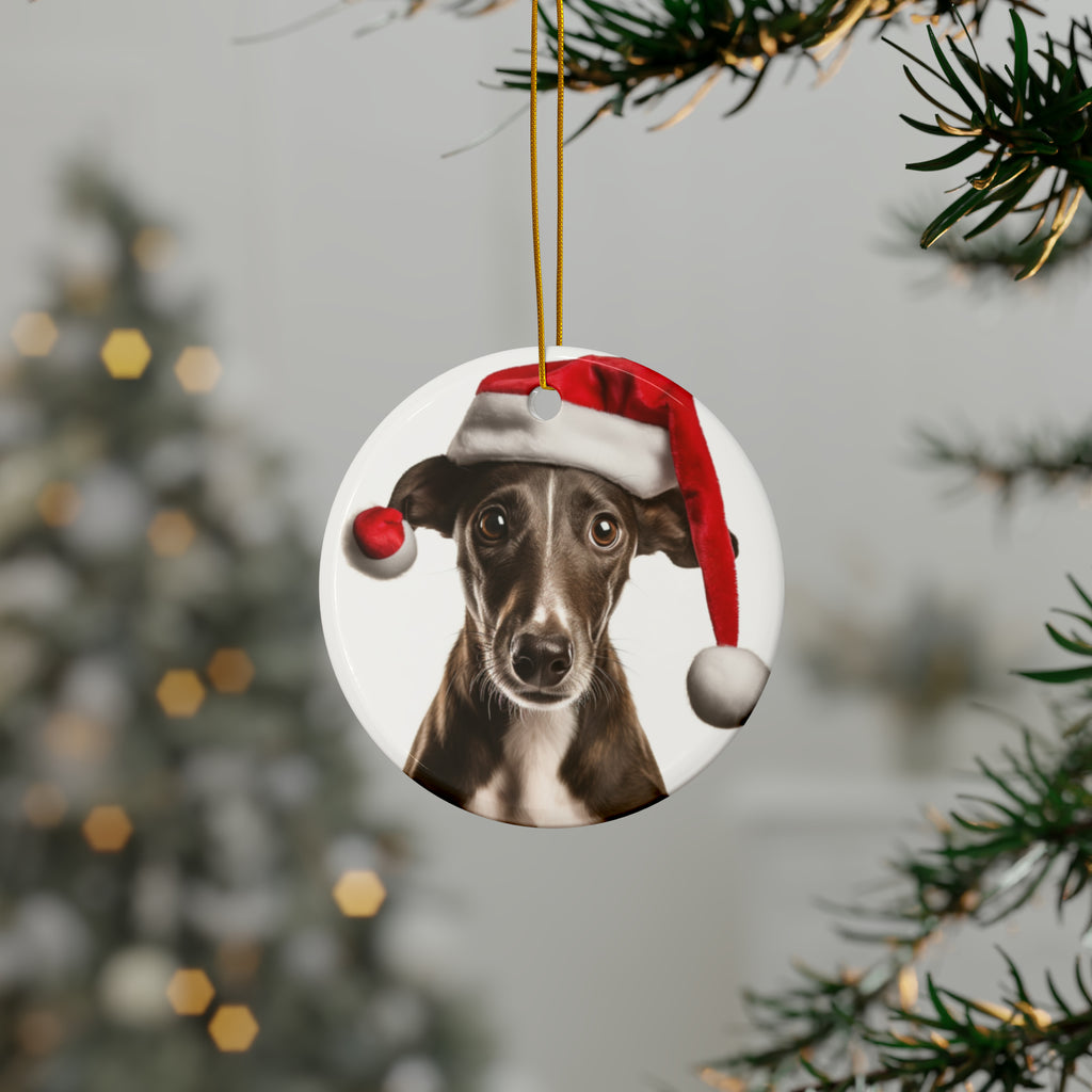 Hanging Ceramic Christmas Tree Ornament with Gold String - Greyhound Puppy Design, view 3