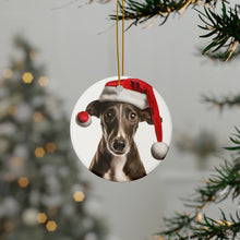 DistinctInk Hanging Ceramic Christmas Tree Ornament with Gold String - Great Gift/Present - 2 3/4 inch Diameter - Greyhound Puppy Design
