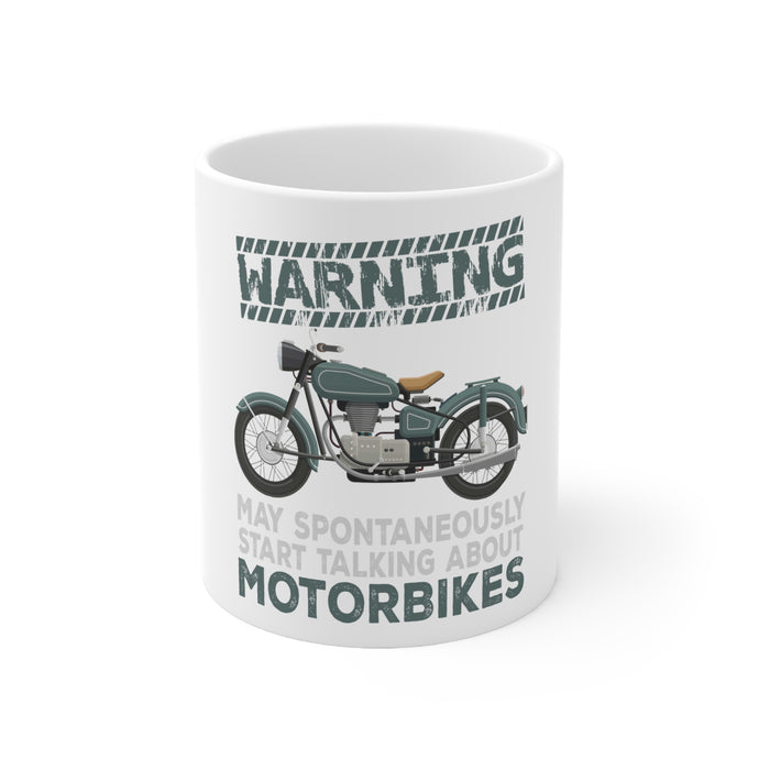 DistinctInk Glossy White Coffee / Tea Mug - Spontaneously Talking About Motorcycles