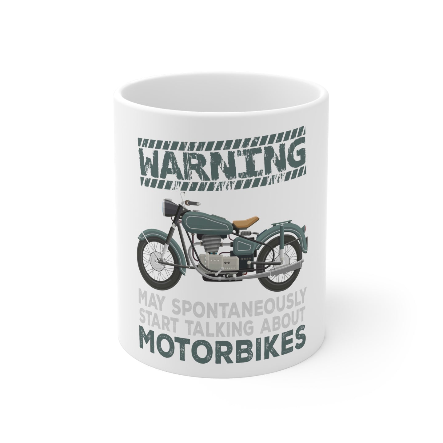 DistinctInk Glossy White Coffee / Tea Mug - Spontaneously Talking About Motorcycles