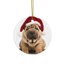 DistinctInk Hanging Ceramic Christmas Tree Ornament with Gold String - Great Gift/Present - 2 3/4 inch Diameter - Chinese Shar-Pei Puppy Design