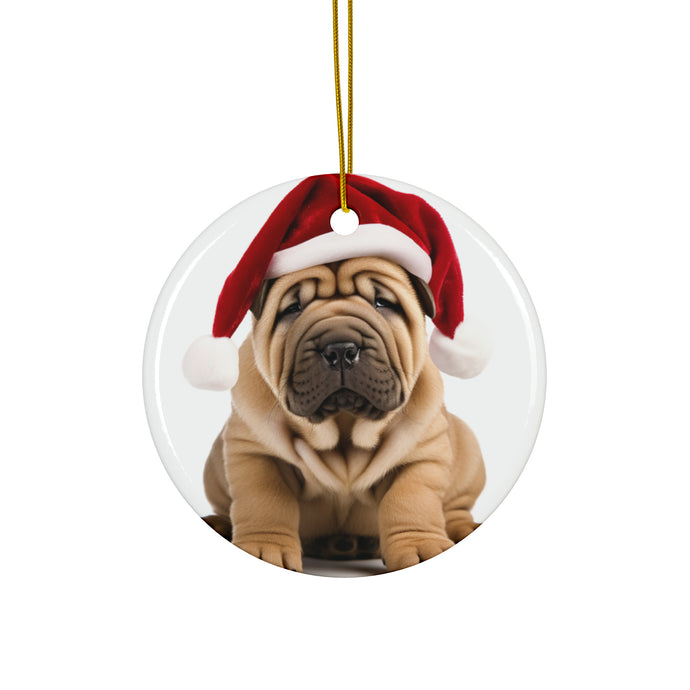 DistinctInk Hanging Ceramic Christmas Tree Ornament with Gold String - Great Gift/Present - 2 3/4 inch Diameter - Chinese Shar-Pei Puppy Design