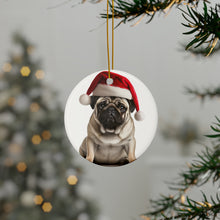DistinctInk Hanging Ceramic Christmas Tree Ornament with Gold String - Great Gift/Present - 2 3/4 inch Diameter - Pug Design