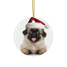 DistinctInk Hanging Ceramic Christmas Tree Ornament with Gold String - Great Gift/Present - 2 3/4 inch Diameter - Tibetan Spaniel Puppy Design