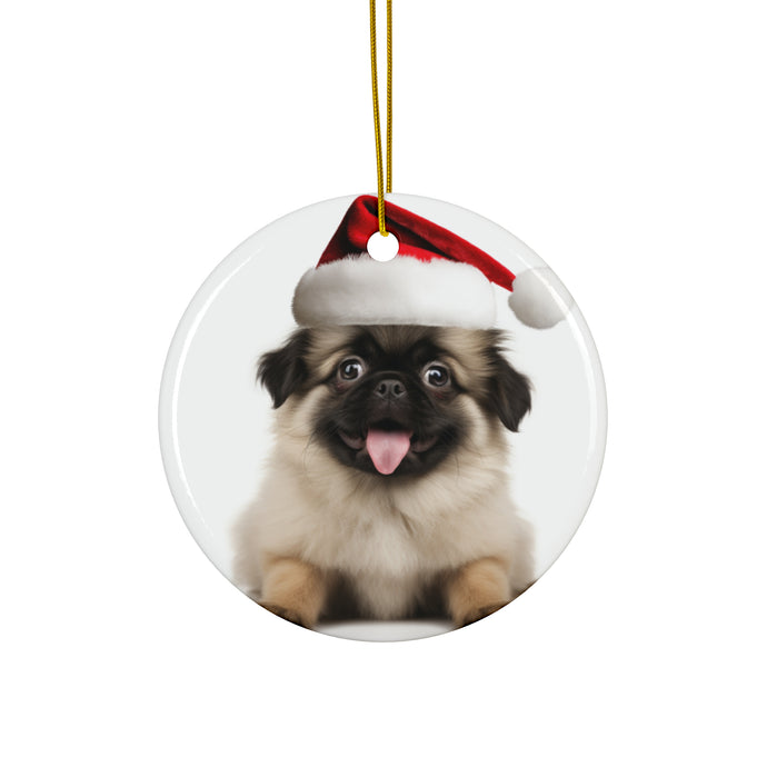 DistinctInk Hanging Ceramic Christmas Tree Ornament with Gold String - Great Gift/Present - 2 3/4 inch Diameter - Tibetan Spaniel Puppy Design