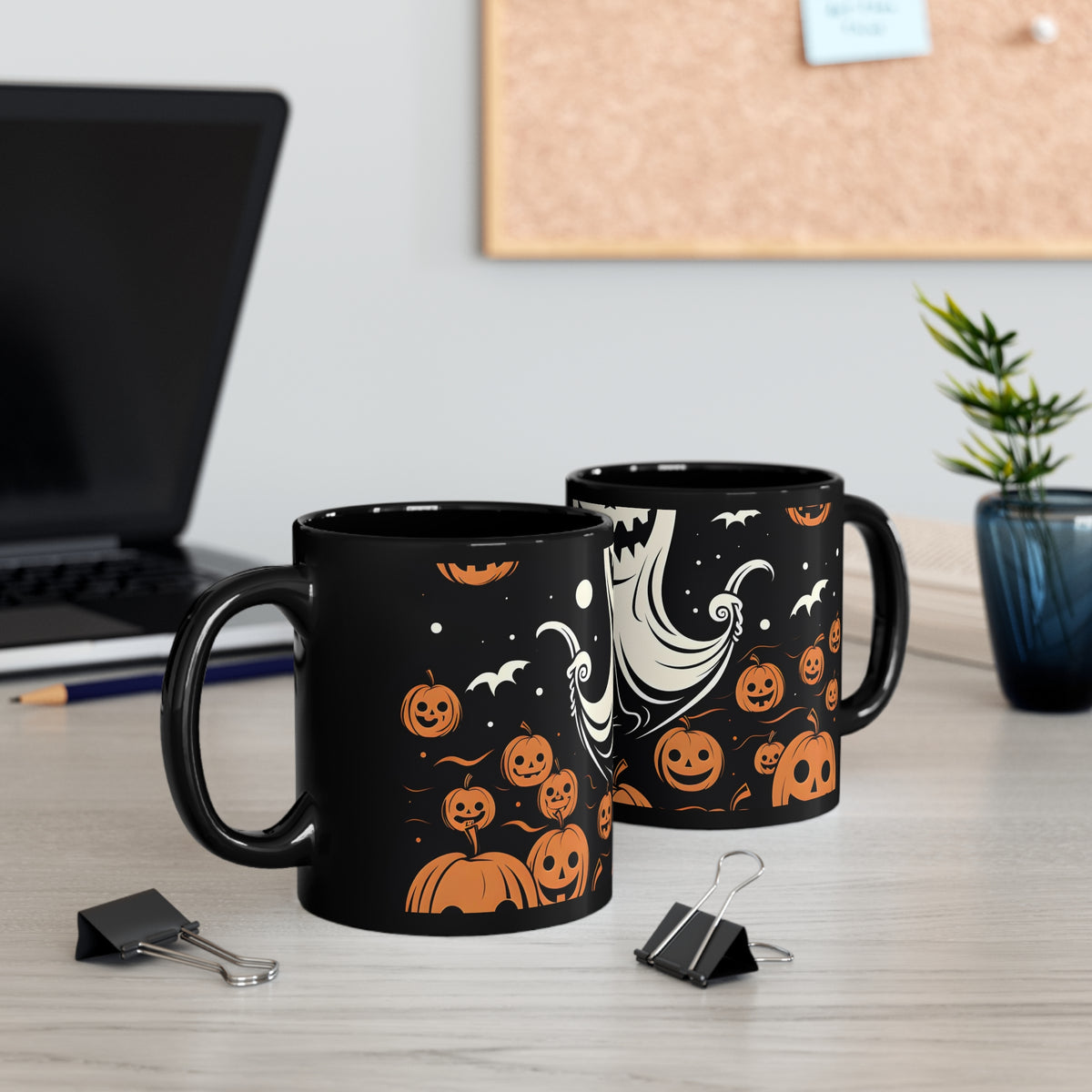 Black Coffee Mug - Ghost Skeleton Cartoon Pumpkins for Halloween, view 5