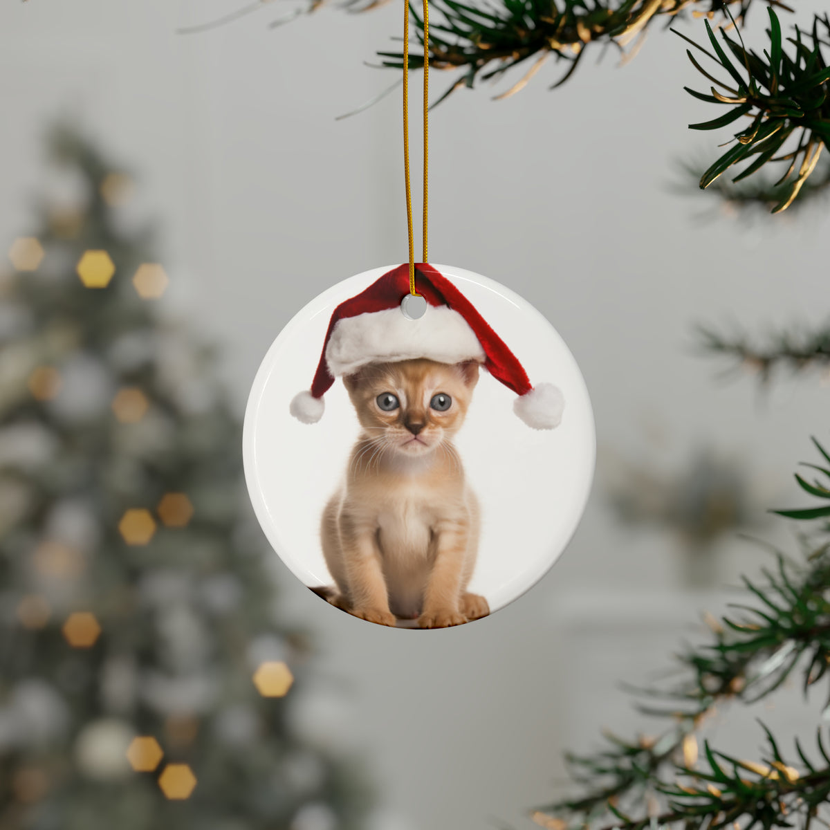 Hanging Ceramic Christmas Tree Ornament with Gold String - Oriental Kitten Design, view 3
