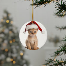 DistinctInk Hanging Ceramic Christmas Tree Ornament with Gold String - Great Gift/Present - 2 3/4 inch Diameter - Oriental Kitten Design