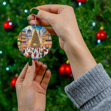 DistinctInk Hanging Ceramic Christmas Tree Ornament Charm with Gold String - Great Gift/Present - 2 3/4 inch Diameter - Christmas in the City