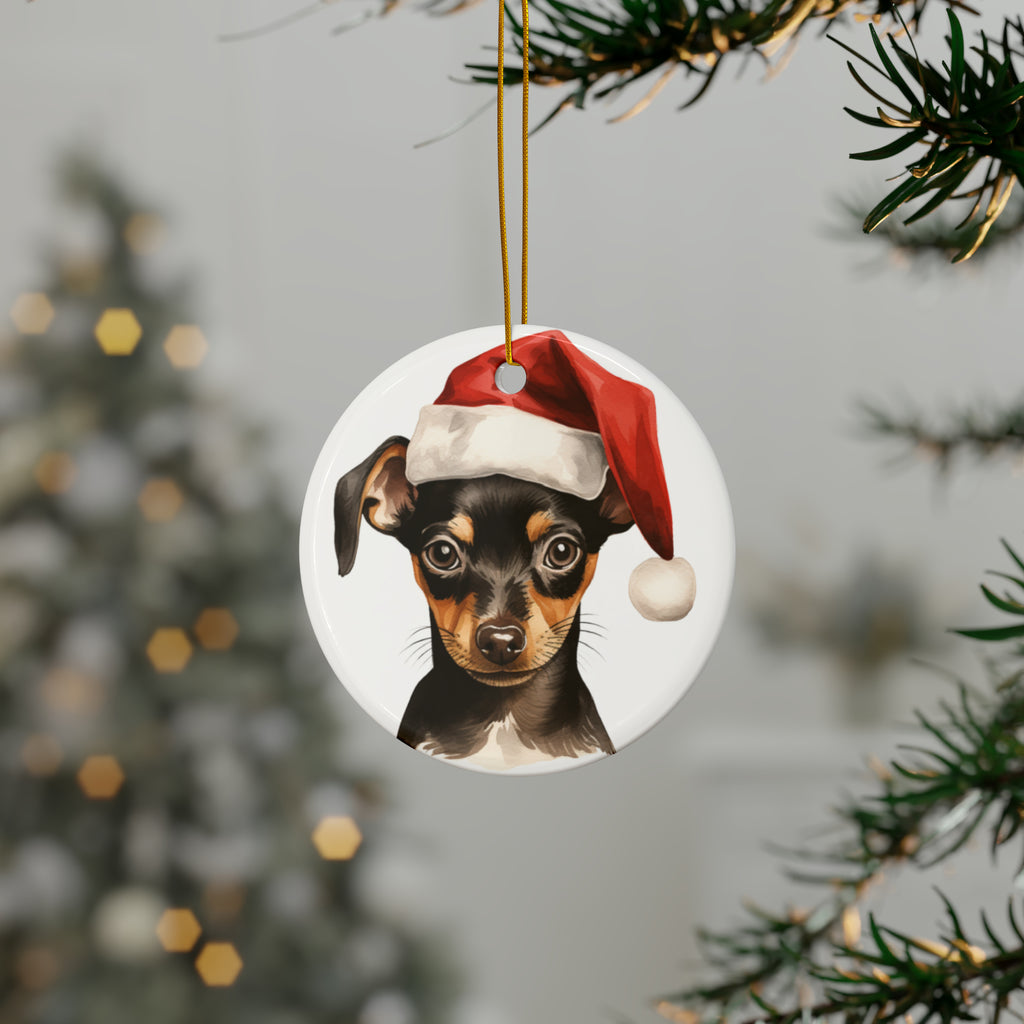 Hanging Ceramic Christmas Tree Ornament with Gold String - Miniature Pinscher Puppy Drawing Design, view 3