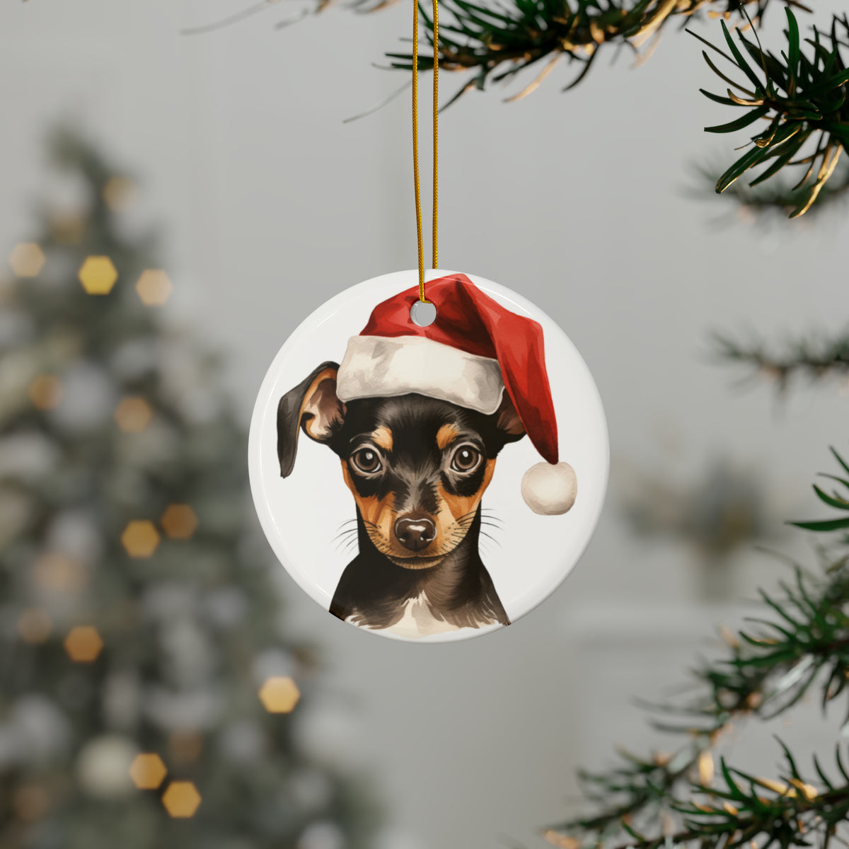 Hanging Ceramic Christmas Tree Ornament with Gold String - Miniature Pinscher Puppy Drawing Design, view 3