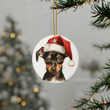 DistinctInk Hanging Ceramic Christmas Tree Ornament with Gold String - Great Gift/Present - 2 3/4 inch Diameter - Miniature Pinscher Puppy Drawing Design