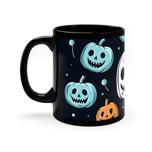 DistinctInk Black Coffee Mug - Skele-Ghostly Pumpkin Patch for Halloween