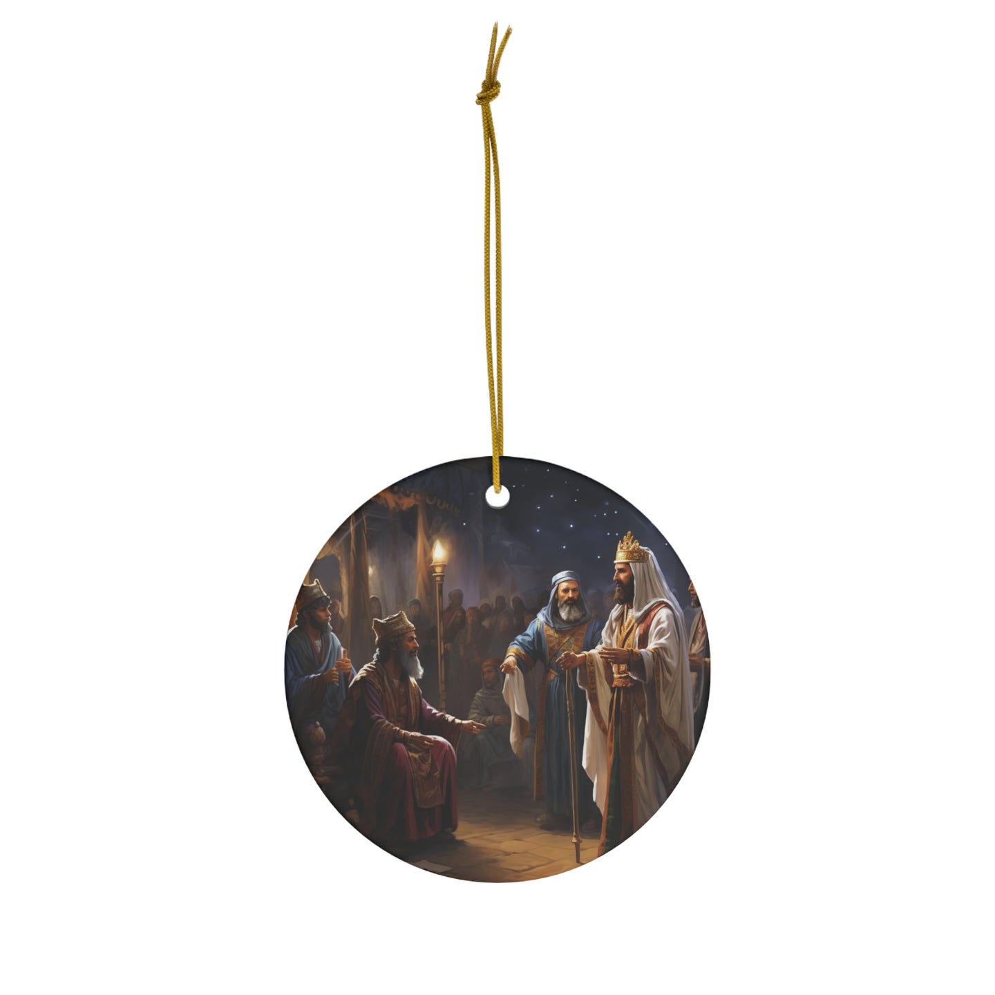 DistinctInk Hanging Ceramic Christmas Tree Ornament Charm with Gold String - Great Gift/Present - 2 3/4 inch Diameter - Wise Men Seek the King: Matthew 2:2