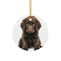 Hanging Ceramic Christmas Tree Ornament with Gold String - Irish Water Spaniel Puppy Drawing Design