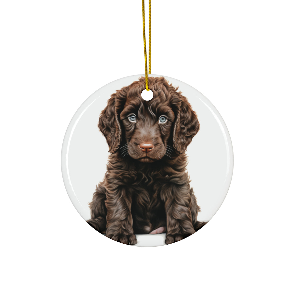 Hanging Ceramic Christmas Tree Ornament with Gold String - Irish Water Spaniel Puppy Drawing Design
