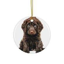 DistinctInk Hanging Ceramic Christmas Tree Ornament with Gold String - Great Gift/Present - 2 3/4 inch Diameter - Irish Water Spaniel Puppy Drawing Design