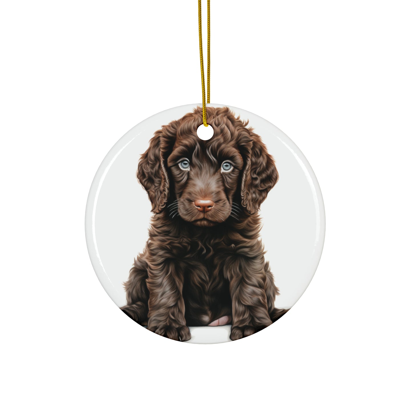DistinctInk Hanging Ceramic Christmas Tree Ornament with Gold String - Great Gift/Present - 2 3/4 inch Diameter - Irish Water Spaniel Puppy Drawing Design
