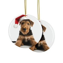 DistinctInk Hanging Ceramic Christmas Tree Ornament with Gold String - Great Gift/Present - 2 3/4 inch Diameter - Airedale Terrier Puppy Design
