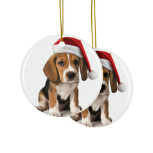 DistinctInk Hanging Ceramic Christmas Tree Ornament with Gold String - Great Gift/Present - 2 3/4 inch Diameter - English Foxhound Puppy Design