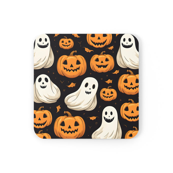 DistinctInk (Set of 4) Corkwood Coasters with Ghastly Skeleton Pumpkin PartyDesign for Halloween