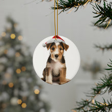 DistinctInk Hanging Ceramic Christmas Tree Ornament with Gold String - Great Gift/Present - 2 3/4 inch Diameter - Wire Fox Terrier Puppy Design