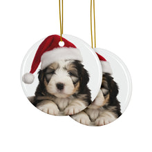 DistinctInk Hanging Ceramic Christmas Tree Ornament with Gold String - Great Gift/Present - 2 3/4 inch Diameter - Old English Sheepdog Puppy Design
