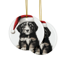 DistinctInk Hanging Ceramic Christmas Tree Ornament with Gold String - Great Gift/Present - 2 3/4 inch Diameter - Belgian Laekenoi Puppy Drawing Design