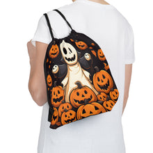 DistinctInk Drawstring Bag / Backpack with Spooky Skeleton Pumpkin Patch Design for Halloween