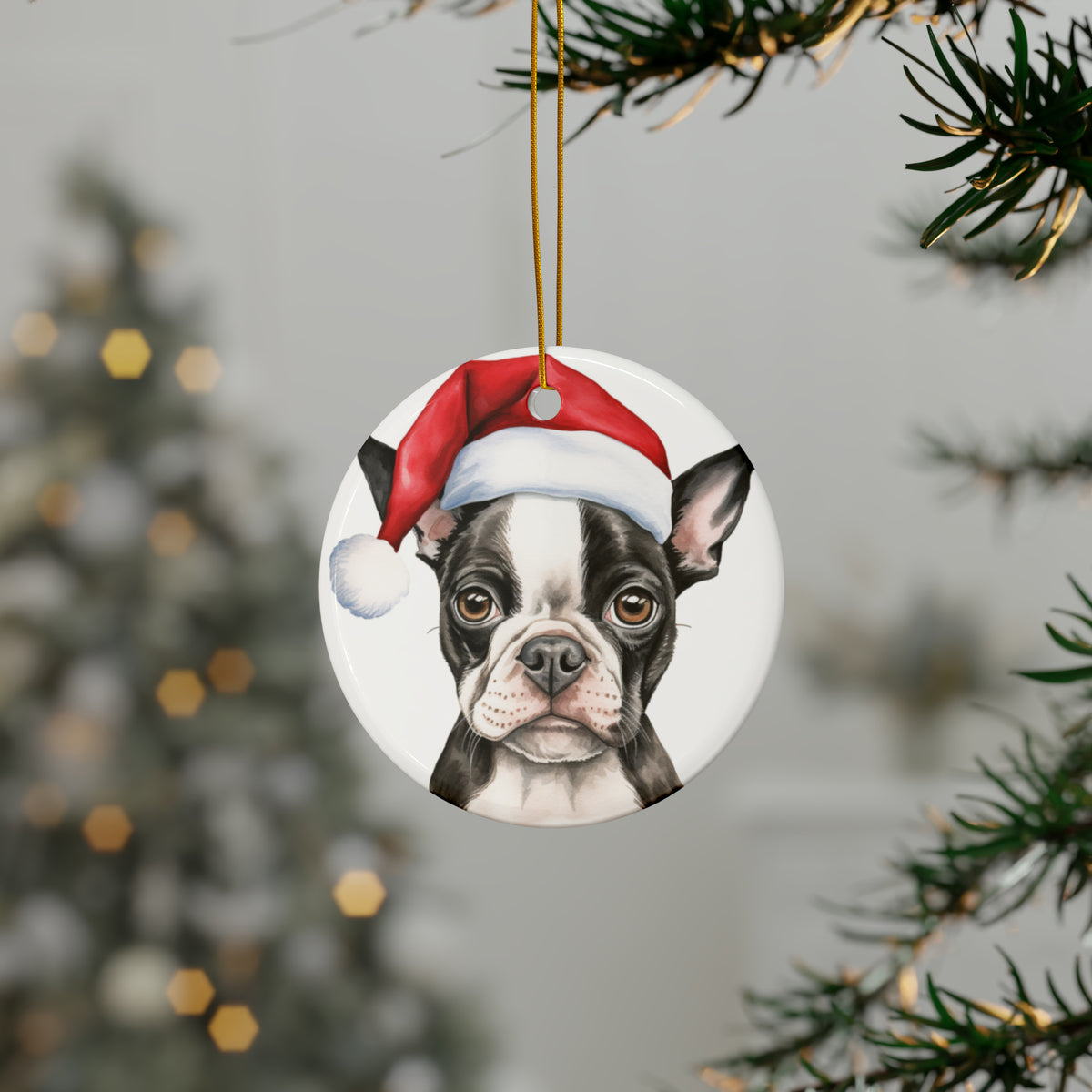 Hanging Ceramic Christmas Tree Ornament with Gold String - Boston Terrier Puppy Drawing Design, view 3