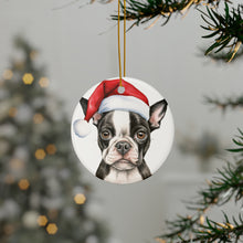 DistinctInk Hanging Ceramic Christmas Tree Ornament with Gold String - Great Gift/Present - 2 3/4 inch Diameter - Boston Terrier Puppy Drawing Design