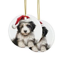 DistinctInk Hanging Ceramic Christmas Tree Ornament with Gold String - Great Gift/Present - 2 3/4 inch Diameter - Polish Lowland Sheepdog Puppy Drawing Design
