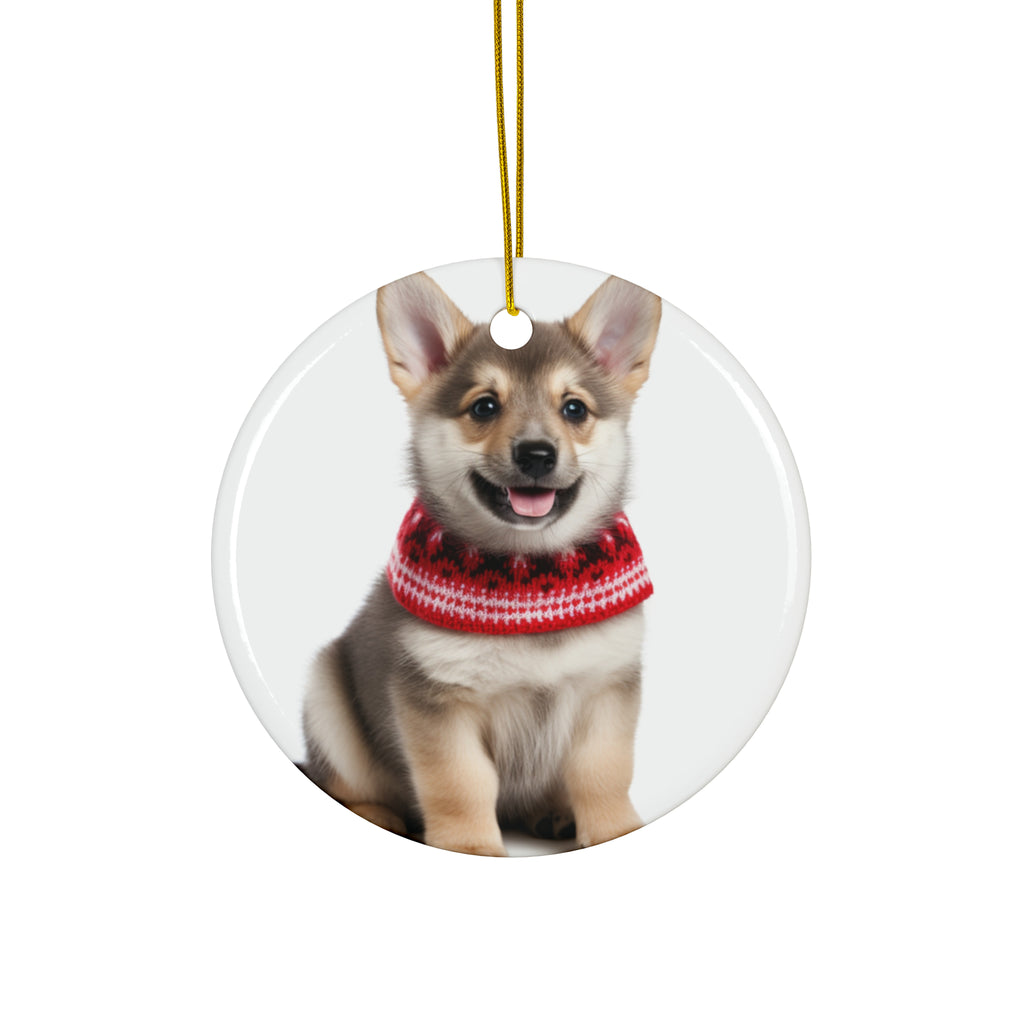 Hanging Ceramic Christmas Tree Ornament with Gold String - Swedish Vallhund Puppy Design