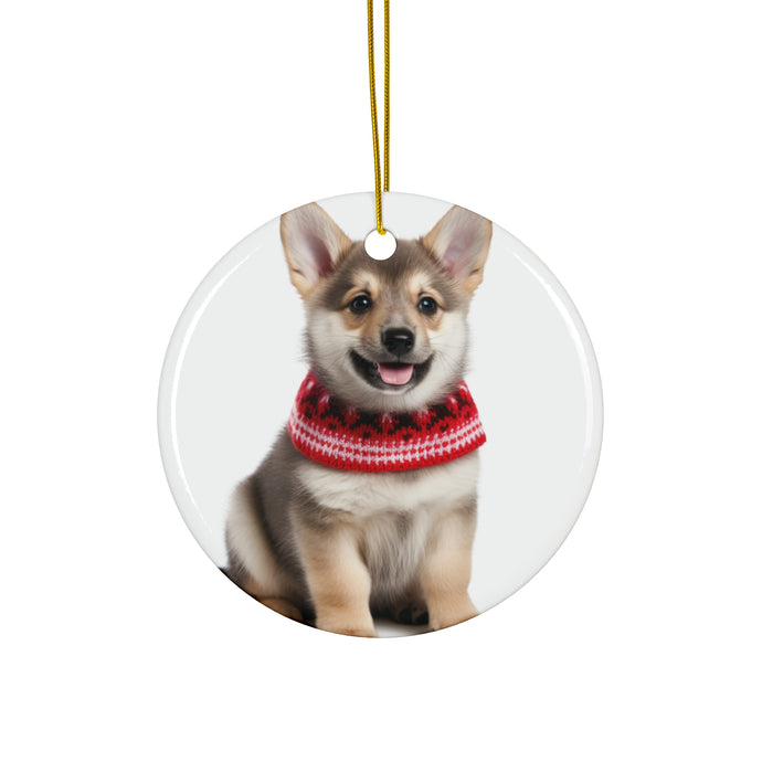 DistinctInk Hanging Ceramic Christmas Tree Ornament with Gold String - Great Gift/Present - 2 3/4 inch Diameter - Swedish Vallhund Puppy Design