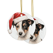 DistinctInk Hanging Ceramic Christmas Tree Ornament with Gold String - Great Gift/Present - 2 3/4 inch Diameter - Smooth Fox Terrier Puppy Drawing Design