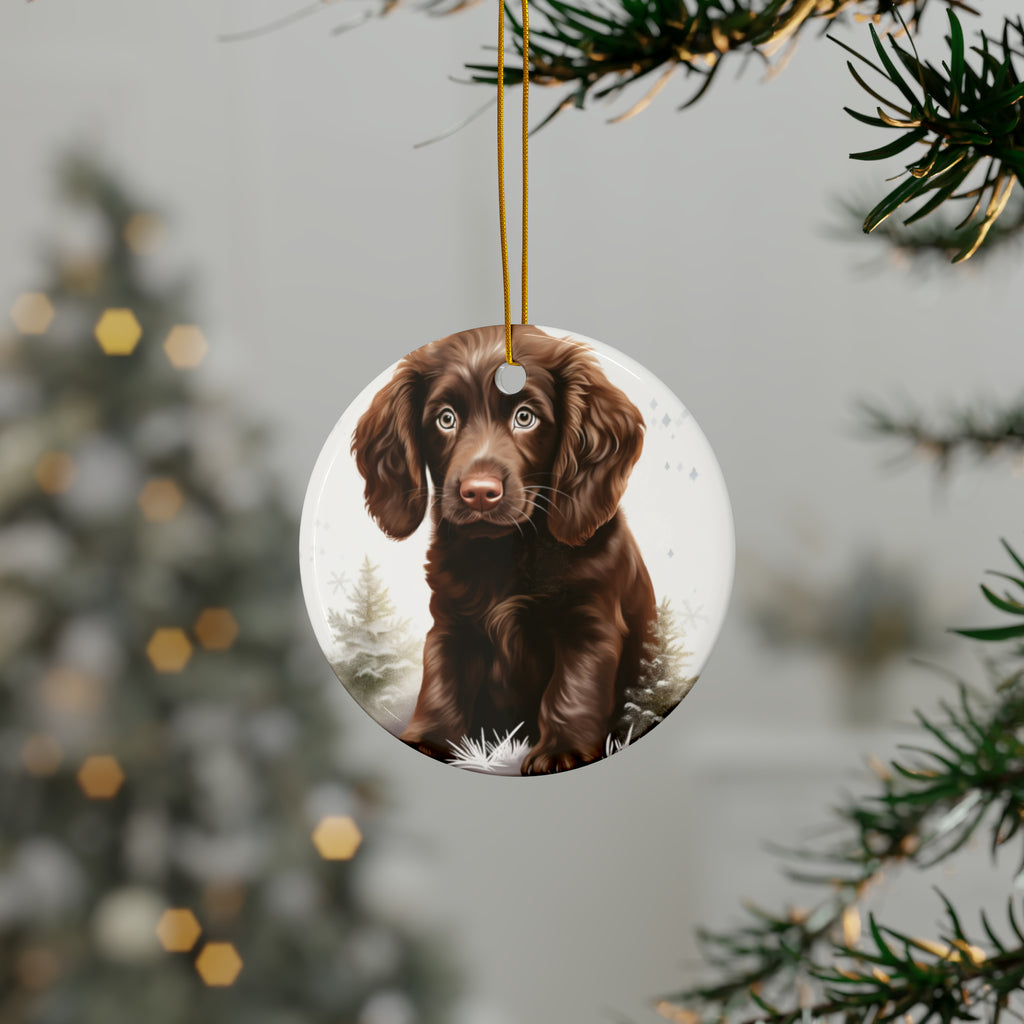 Hanging Ceramic Christmas Tree Ornament with Gold String - Boykin Spaniel Puppy Drawing Design, view 3