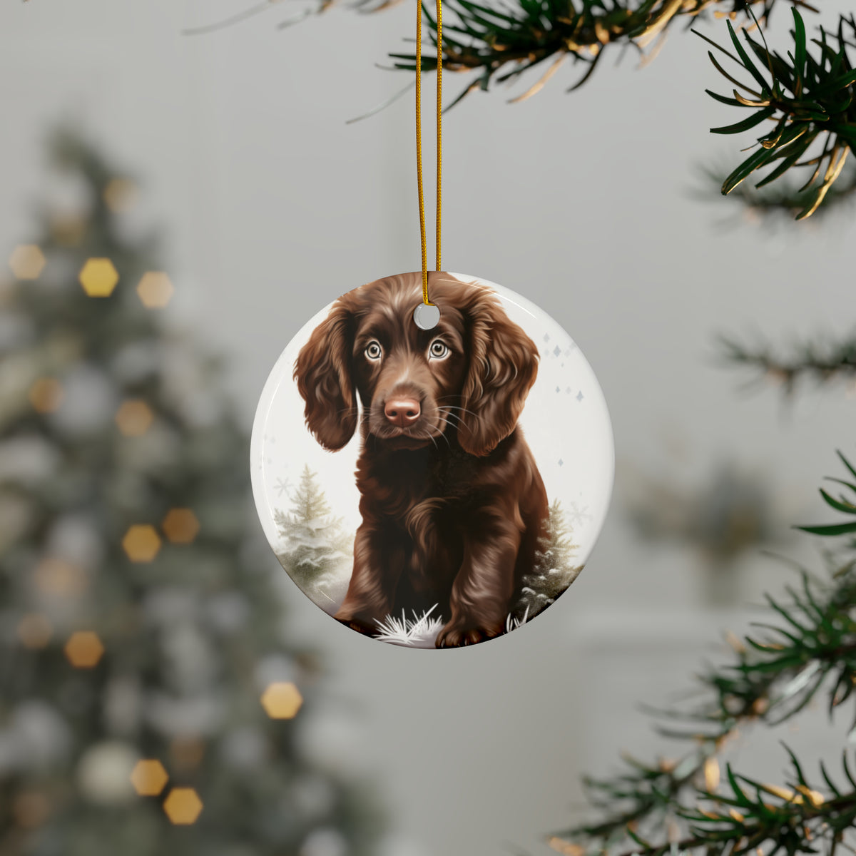 Hanging Ceramic Christmas Tree Ornament with Gold String - Boykin Spaniel Puppy Drawing Design, view 3