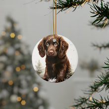 DistinctInk Hanging Ceramic Christmas Tree Ornament with Gold String - Great Gift/Present - 2 3/4 inch Diameter - Boykin Spaniel Puppy Drawing Design
