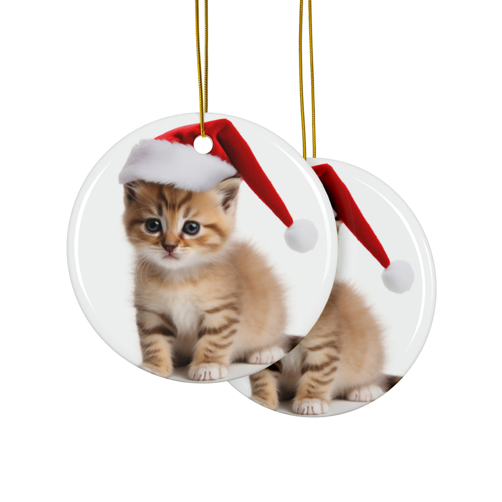 Hanging Ceramic Christmas Tree Ornament with Gold String - Serengeti Kitten Design, view 2
