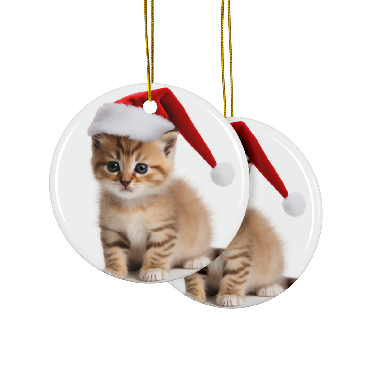 Hanging Ceramic Christmas Tree Ornament with Gold String - Serengeti Kitten Design, view 2