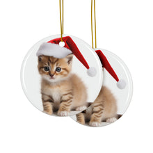 DistinctInk Hanging Ceramic Christmas Tree Ornament with Gold String - Great Gift/Present - 2 3/4 inch Diameter - Serengeti Kitten Design
