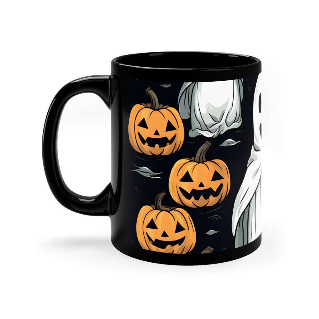 Black Coffee Mug - Skelepumpkin Ghostpattern for Halloween, view 2