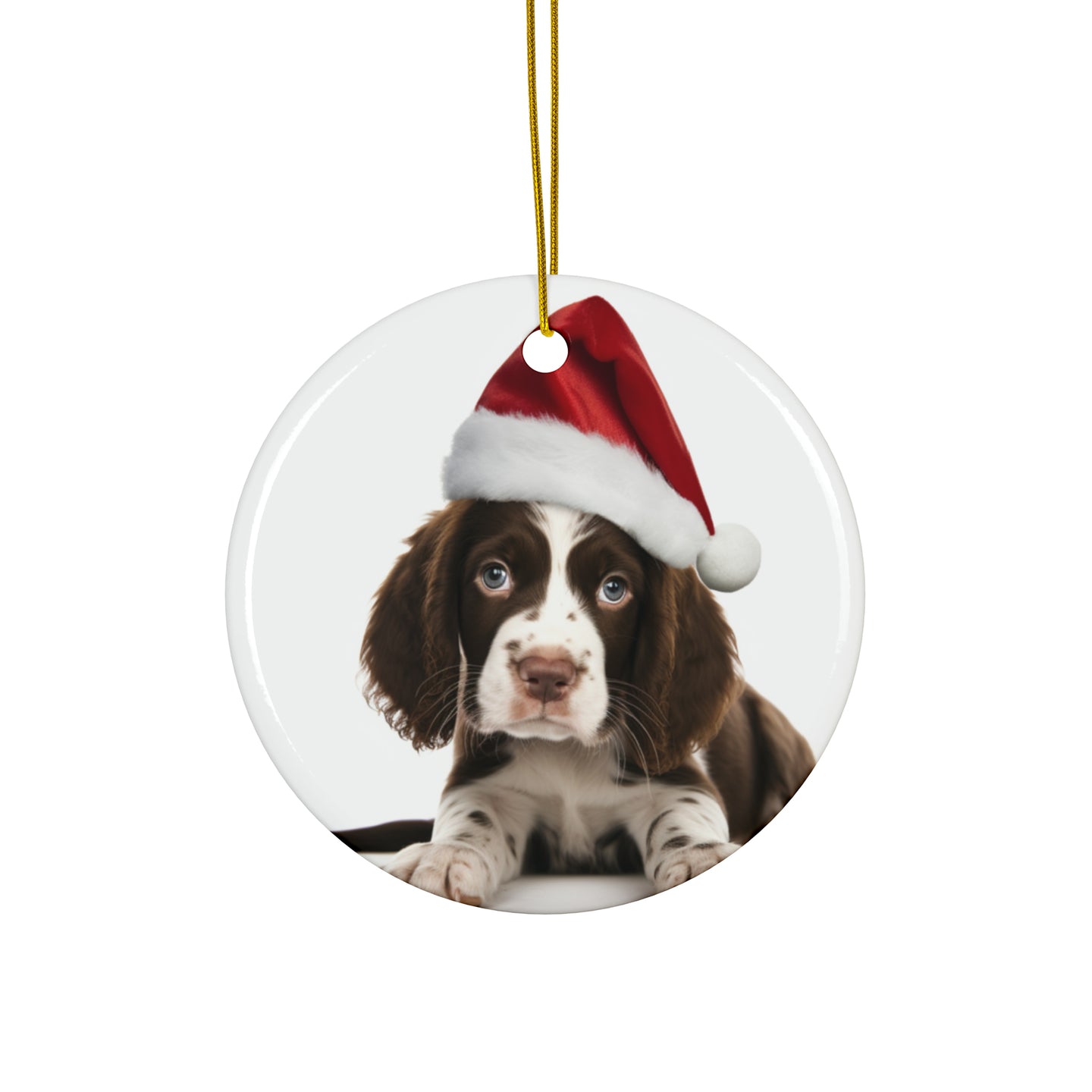 DistinctInk Hanging Ceramic Christmas Tree Ornament with Gold String - Great Gift/Present - 2 3/4 inch Diameter - English Springer Spaniel Puppy Design