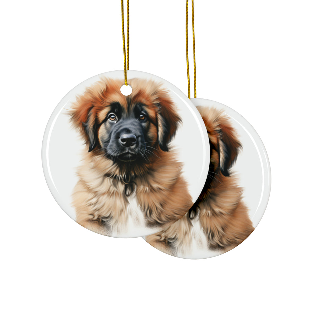 Hanging Ceramic Christmas Tree Ornament with Gold String - Leonberger Puppy Drawing Design, view 2