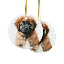 DistinctInk Hanging Ceramic Christmas Tree Ornament with Gold String - Great Gift/Present - 2 3/4 inch Diameter - Leonberger Puppy Drawing Design