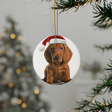 DistinctInk Hanging Ceramic Christmas Tree Ornament with Gold String - Great Gift/Present - 2 3/4 inch Diameter - Redbone Coonhound Puppy Design