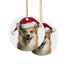 DistinctInk Hanging Ceramic Christmas Tree Ornament with Gold String - Great Gift/Present - 2 3/4 inch Diameter - Icelandic Sheepdog Design